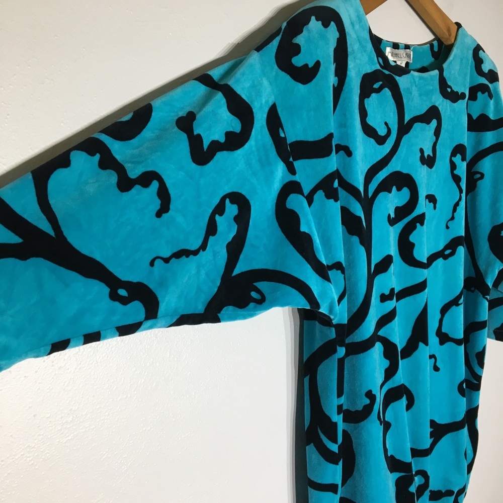 Vintage 80s Teal Black Velour Long Oversized Tunic - Picture 5 of 15